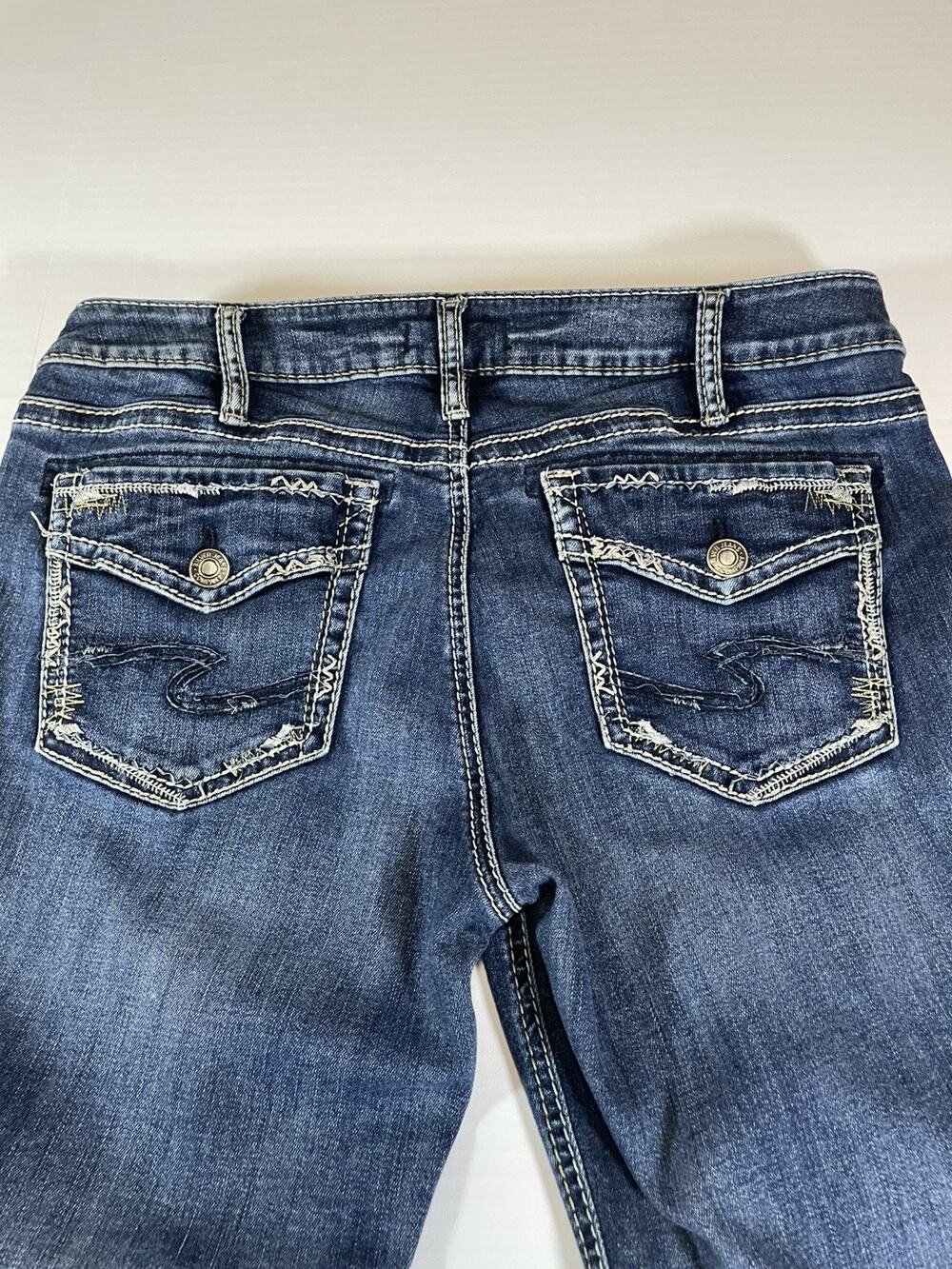 Silver Jeans Suki Slim Boot Jeans Womens 34x33 Blue Distressed Stretch